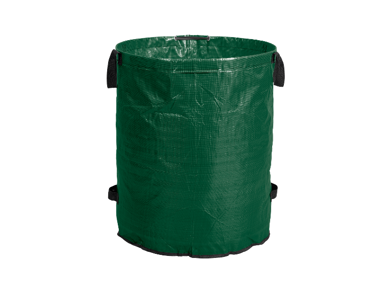 Un sac vert pour déchets de jardin avec des poignées.