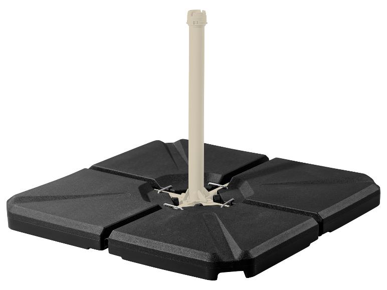 Base de parasol noire avec quatre segments à remplir et un support de mât beige.