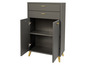 Une armoire gris foncé avec deux tiroirs, une étagère ouverte et une porte.