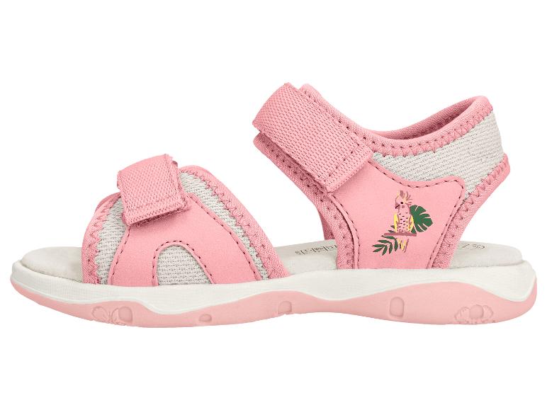 Sandales roses pour enfants avec brides velcro et imprimé perroquet.
