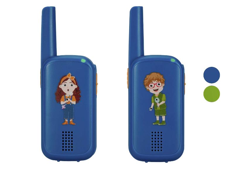 Talkie-walkies bleus pour enfants avec dessins d'une fille et d'un garçon.