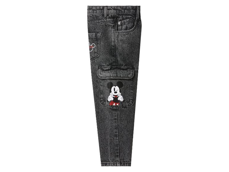 Pantalon en jean noir avec poches et motif Mickey Mouse.
