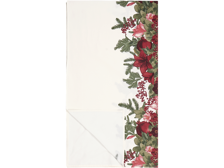 Nappe blanche avec motif floral de Noël rouge et vert.