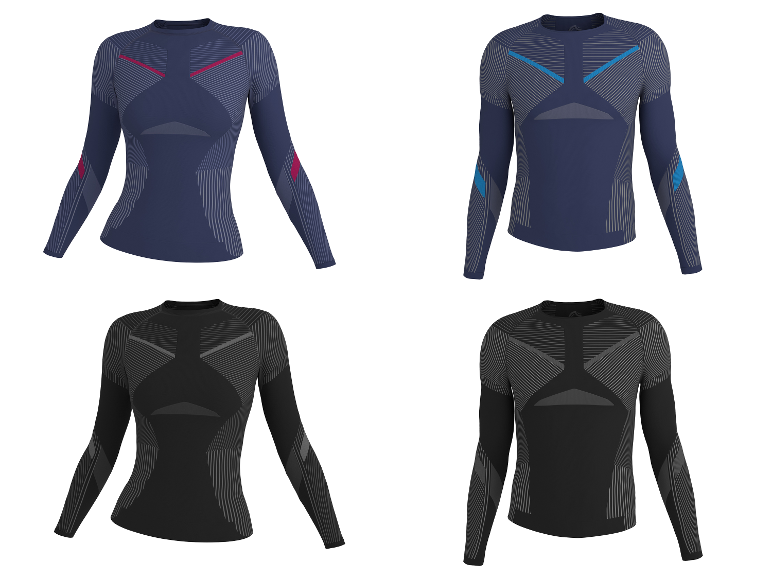 Sous-vêtements fonctionnels CRIVIT pour femmes et hommes en bleu et noir avec motifs.