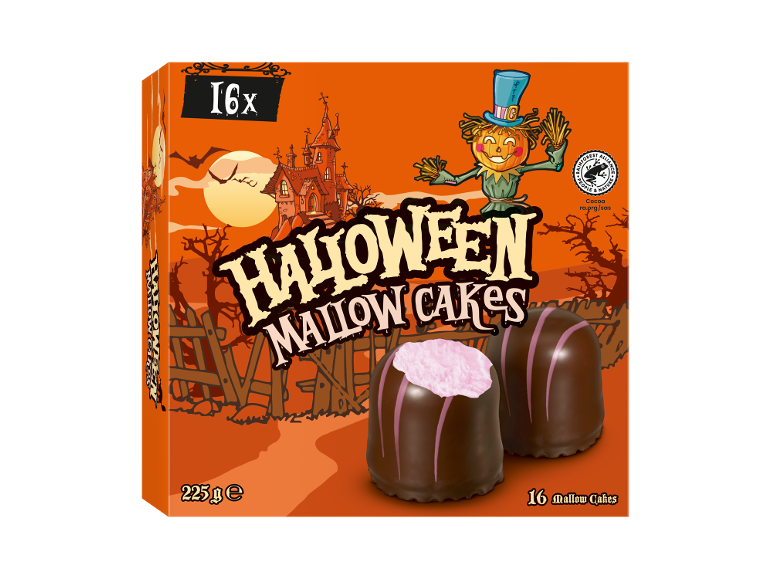 Halloween Schaumküsse, 16 gâteaux guimauve enrobés de chocolat avec garniture rose, 225g.
