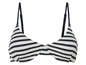 Un haut de bikini rayé noir et blanc avec des bretelles larges.
