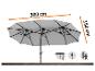 Parasol de terrasse double gris de 300 cm x 150 cm, montrant le mécanisme d'ouverture et la housse.