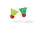 Deux volants de badminton verts avec une base rouge.