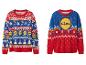 Deux pulls de Noël sur le thème Lidl, l'un avec des motifs festifs et des logos, l'autre avec un grand logo.