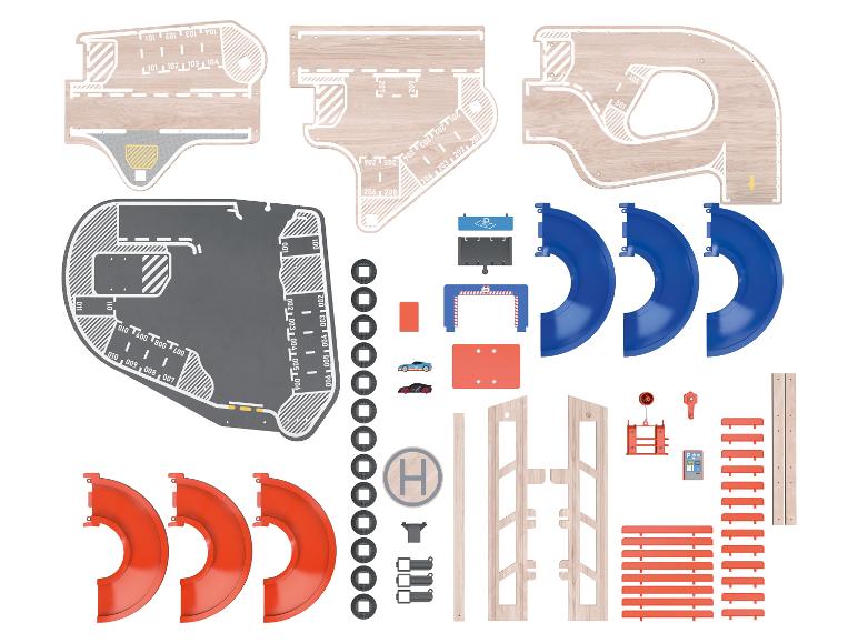 Ensemble de jeu piste de course et parking, avec pièces en bois et plastique.