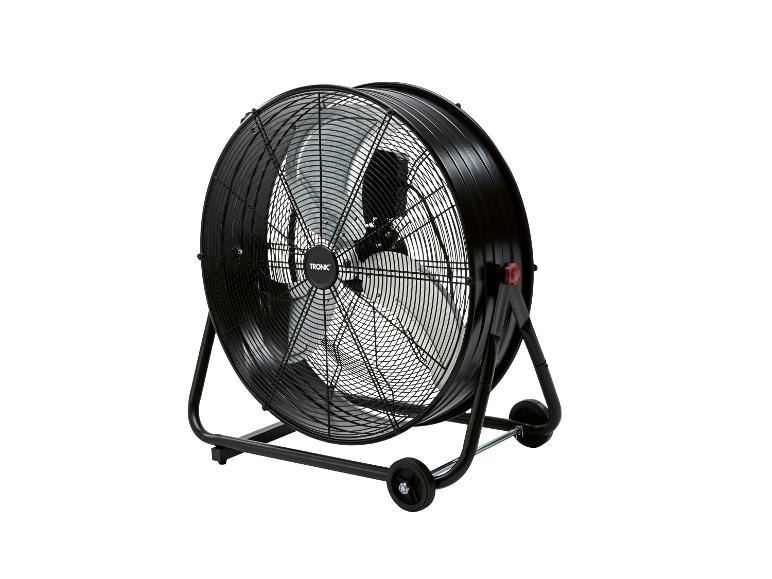 Ventilateur de sol industriel noir avec grille métallique et roues