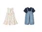 Robe rayée colorée et salopette en jean avec t-shirt bleu pour bébé.