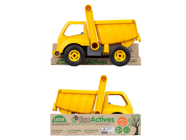 Camion de chantier jouet jaune LENA EcoActives pour l'intérieur et l'extérieur.