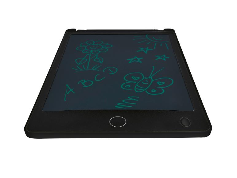Tablette d'écriture LCD noire avec dessins verts d'une fleur, soleil, étoiles, ABC et papillon
