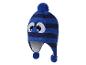 Bonnet d'hiver rayé bleu pour enfants avec pompon et visage de dessin animé.