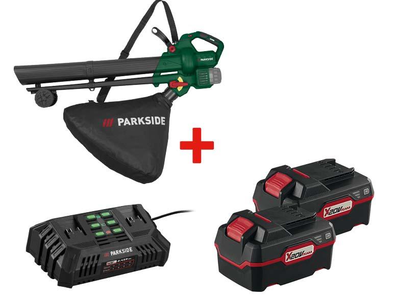 Souffleur de feuilles sans fil Parkside avec chargeur et deux batteries.