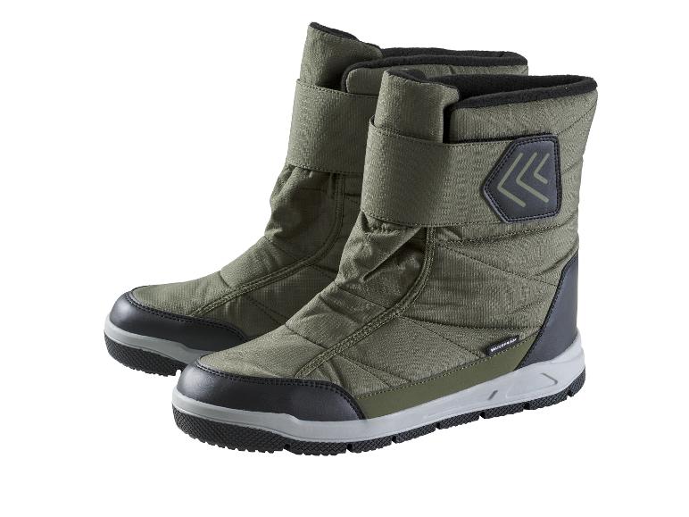 Une paire de bottes d'hiver vertes rembourrées avec des sangles velcro et des semelles noires.