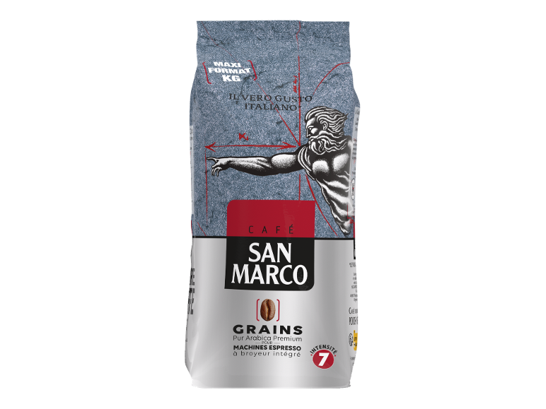 Un sachet de 1 kg de café en grains pur Arabica premium, intensité 7, pour machines expresso.