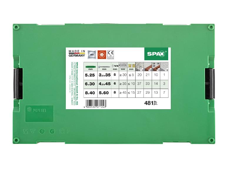 Boîte de tri verte avec vis et chevilles, informations sur les tailles et une quantité de 481 pièces.