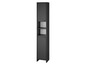 Une armoire de salle de bain noire avec des portes et des étagères ouvertes.