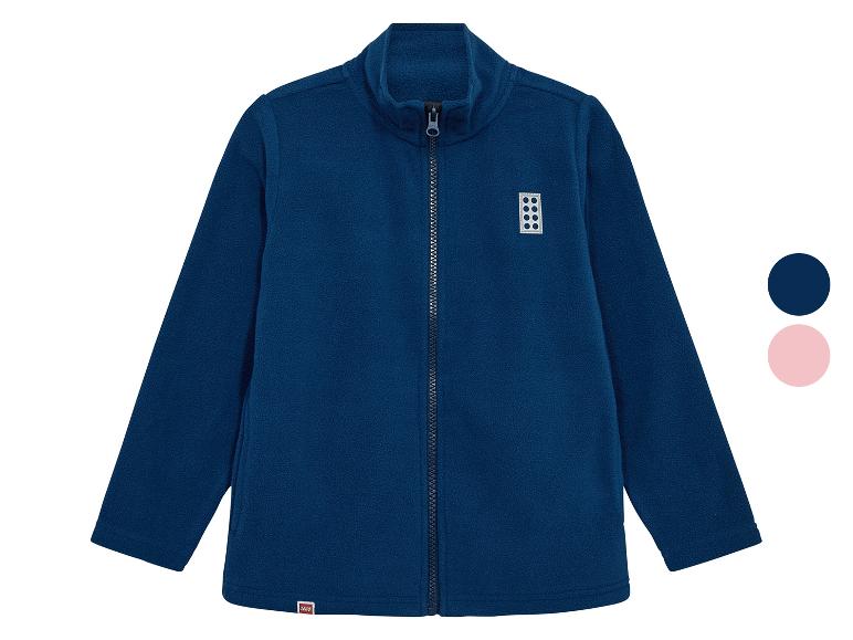 Veste polaire bleue pour enfant avec fermeture éclair et logo carré, disponible en bleu marine et rose.