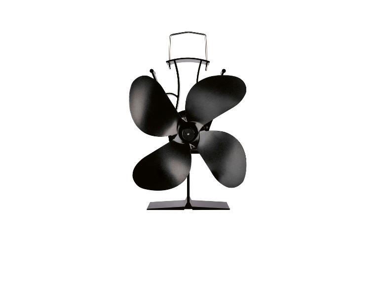Ventilateur de poêle noir à quatre pales sur fond blanc.