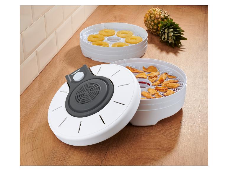 Déshydrateur alimentaire avec rondelles d'ananas et tranches de mangue séchées sur un comptoir en bois.