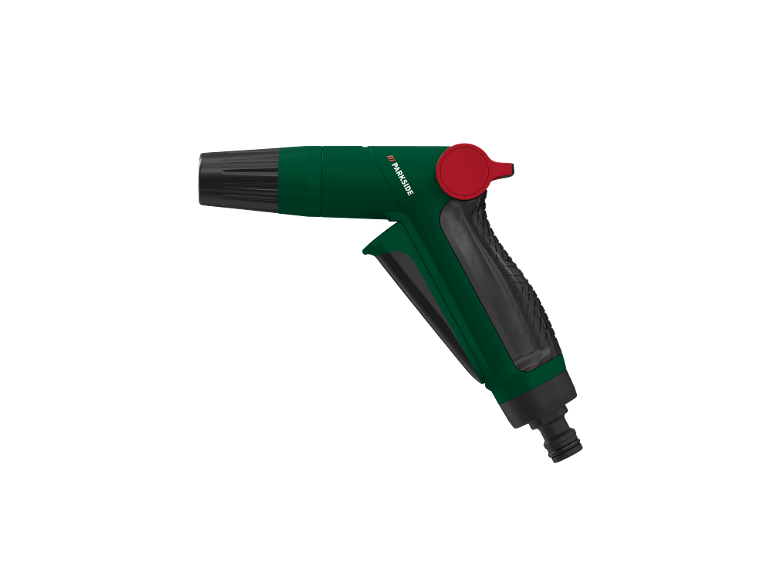 Pistolet d'arrosage vert et noir avec un bouton de commande rouge.