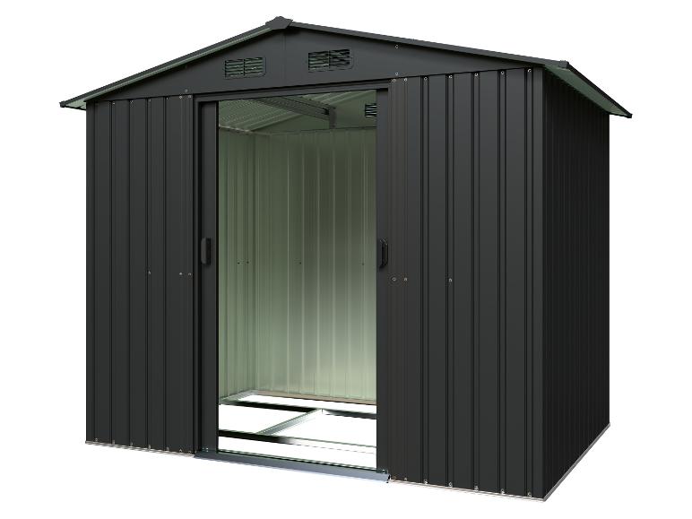 Abri de jardin métallique noir avec portes coulissantes ouvertes et intérieur vert.