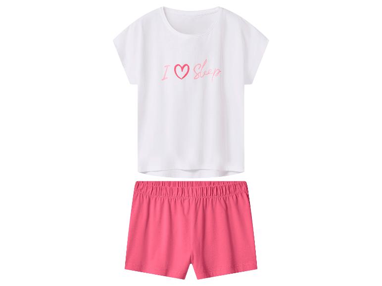 Pyjama t-shirt blanc avec le texte 'I ♡ Sleep' et short rose.