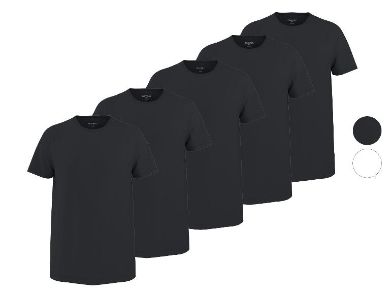 Lot de cinq t-shirts noirs pour hommes, taille M, avec des échantillons de couleur.