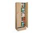 Armoire en bois avec portes ouvertes, révélant des classeurs colorés et des livres sur les étagères, et un tiroir partiellement ouvert.