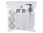 Kit de voyage : flacons, pompe et pots avec spatules.