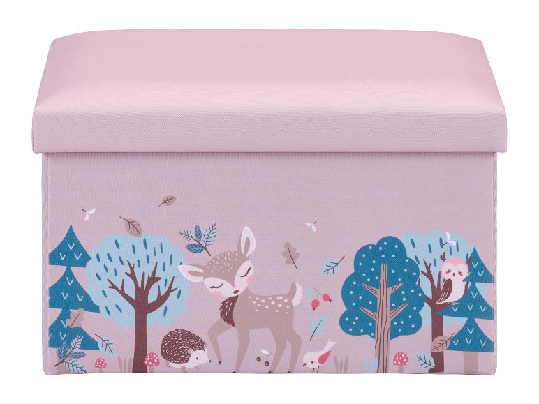 Pouf de rangement rose pour enfant avec imprimé animaux de la forêt.