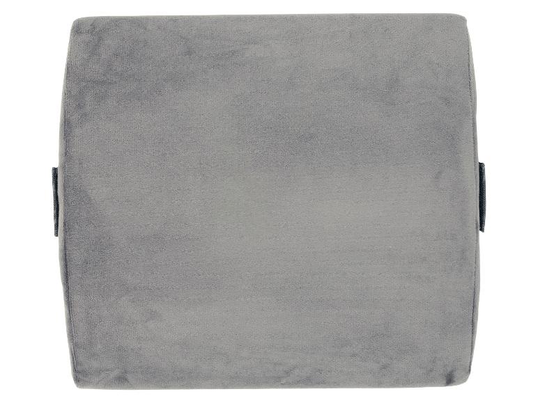 Coussin de soutien lombaire gris avec une surface douce et texturée et des sangles latérales.