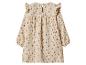 Robe enfant beige à manches longues avec volants et petit motif floral.
