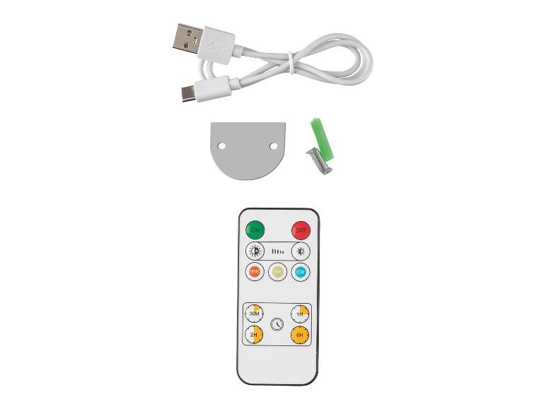 Télécommande, câble USB et matériel de fixation pour éclairage.