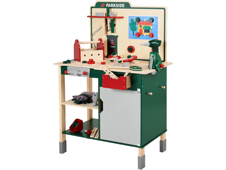 Établi jouet en bois avec outils, boîte à outils et tableau d'activités de construction de maison.