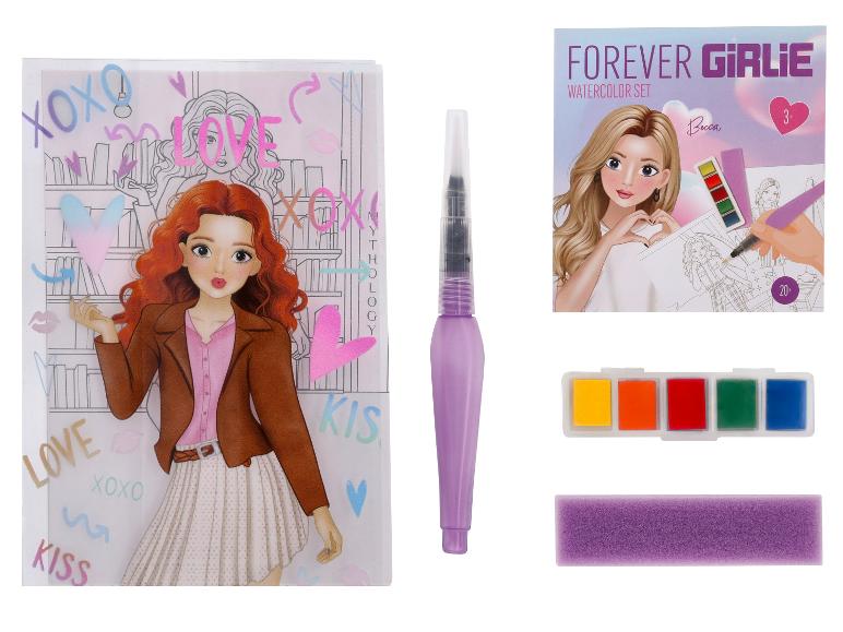 Set d'aquarelle Forever Girlie avec livre de coloriage, pinceau, peintures et éponge.