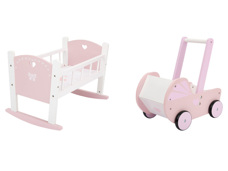 LUPILU® Meubles de poupée en bois: berceau à bascule et poussette rose et blanc.