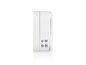 Purificateur d'air blanc vertical avec grille perforée sur le côté, reflété sur une surface blanche.