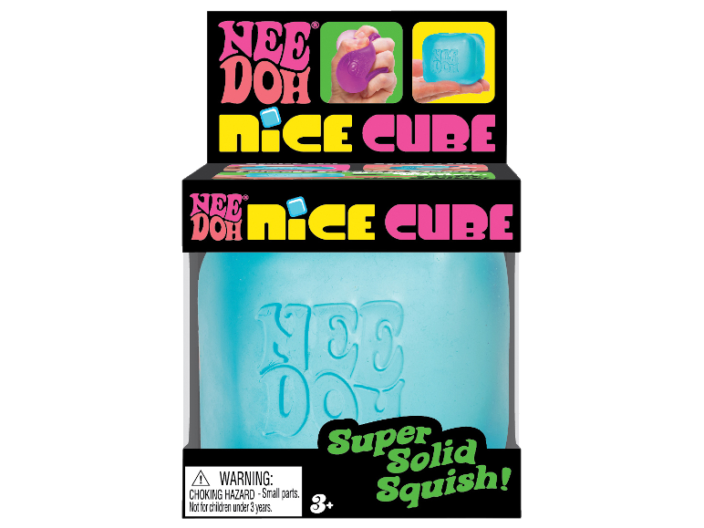 Jouet NeeDoh Nice Cube à presser dans son emballage, avec le texte « Super Solid Squish! »