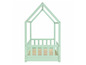 Lit enfant en bois vert en forme de maison.