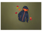 Une veste d'enfant bleue à capuche sur un fond vert avec des feuilles d'automne.