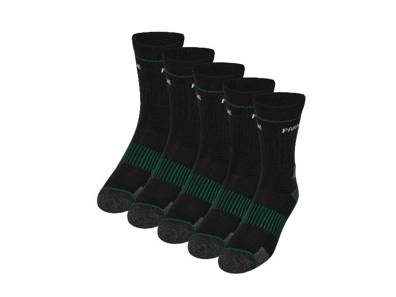 Cinq paires de chaussettes noires à rayures vertes et bouts gris.