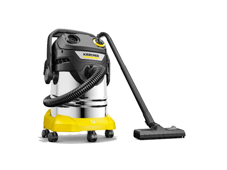 Un aspirateur eau et poussière jaune et noir avec tuyau et suceur de sol sur fond blanc.