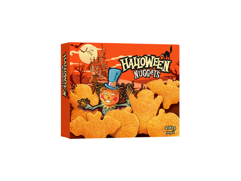 Boîte de nuggets d'Halloween avec maison hantée, épouvantail et nuggets en forme de fantôme, 400g.