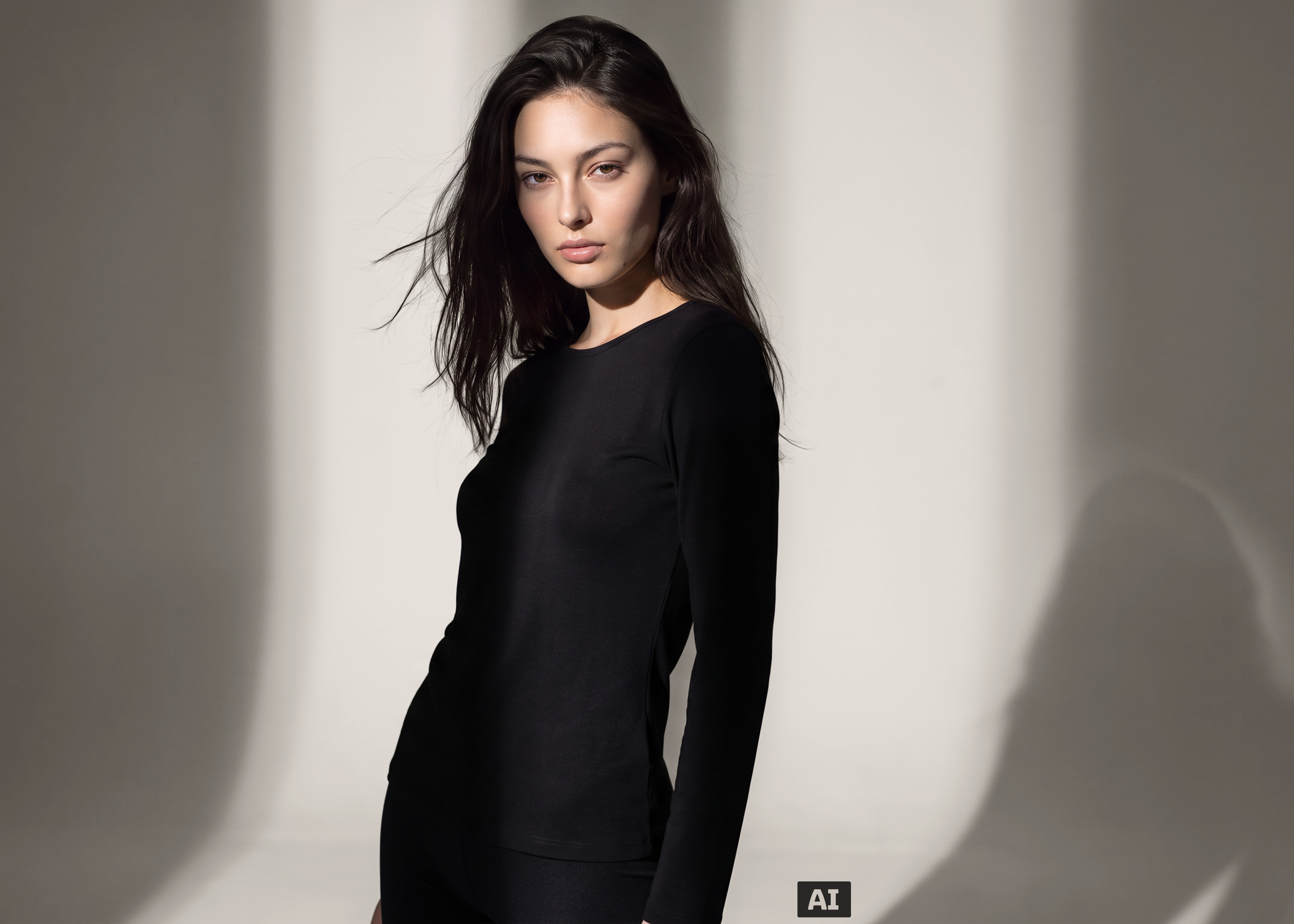 Cette image a été générée par IA : un mannequin féminin porte le caleçon thermique de couleur noire.