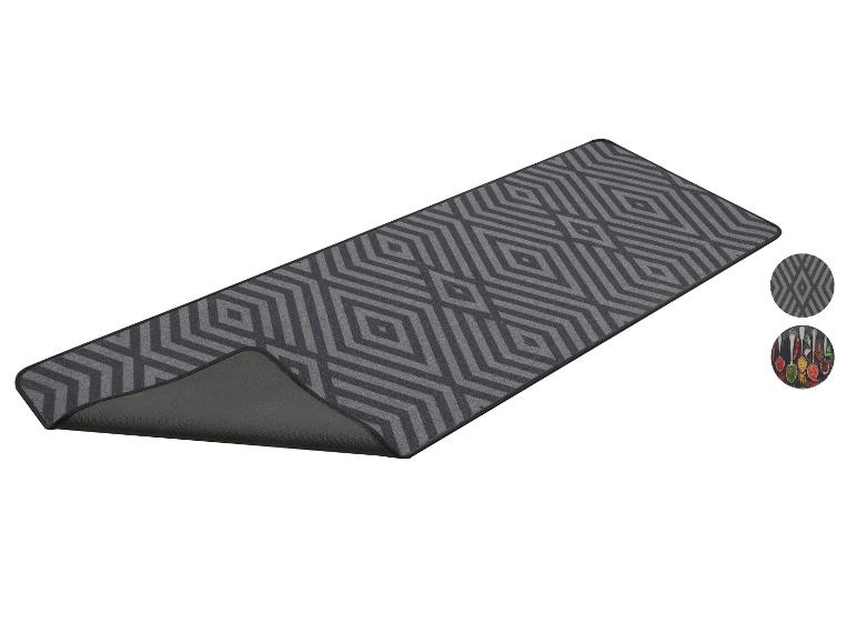 Tapis de cuisine antidérapant à motif géométrique gris et noir, avec détails d'épices.