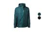 Veste de pluie légère pour homme en vert foncé avec fermeture éclair turquoise et détails jaunes.